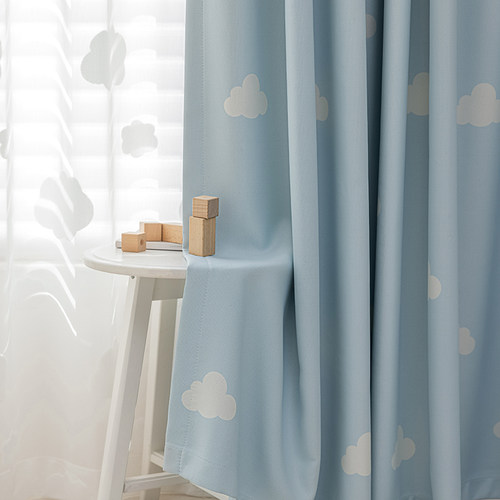 法欧雅韩式ins风乐丽棉蓝色云朵高遮光窗帘卧室儿童房北欧奶油系 - 图2