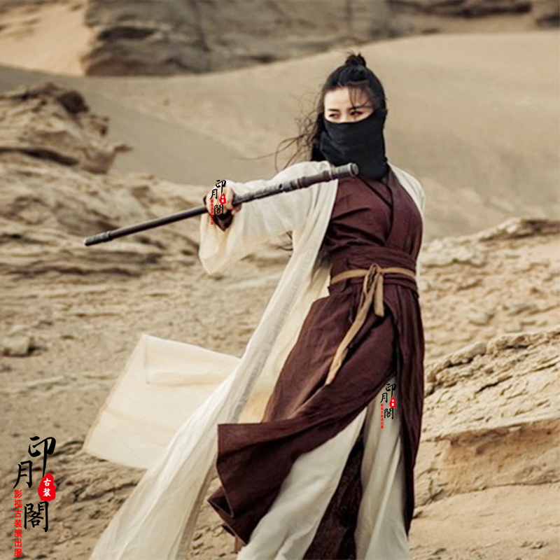 影视汉服唐朝魏晋风破旧棉麻女侠客剑客服沙漠骑马侠女古装演出服_虎窝淘