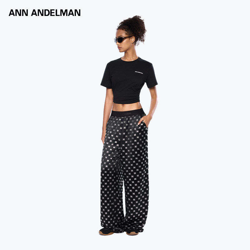 ANN ANDELMAN官方直营2025新款黑色直筒休闲长裤满钻LOGO醋酸裤女 - 图0