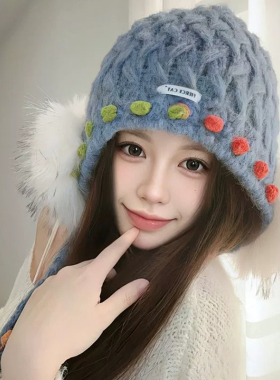 秋冬女毛绒护耳保暖显脸小针织帽