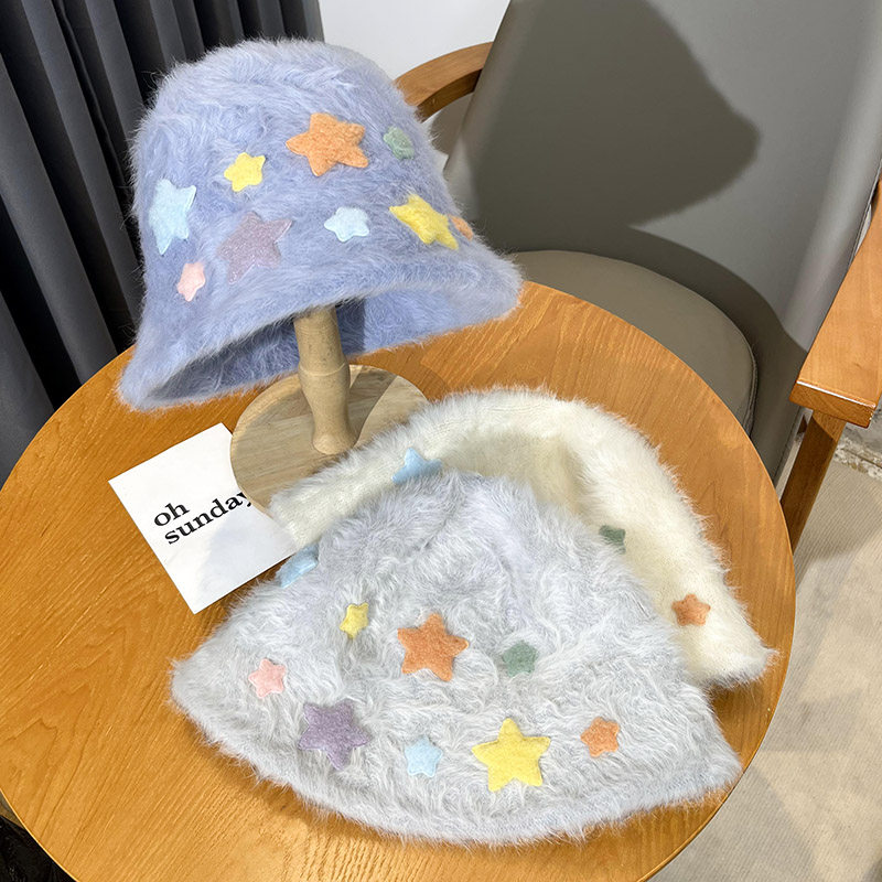 日系甜美星星兔毛渔夫帽子女秋冬季毛绒绒百搭素颜遮脸显脸小盆帽,淘宝优惠券,粉丝福利购,淘宝优惠卷