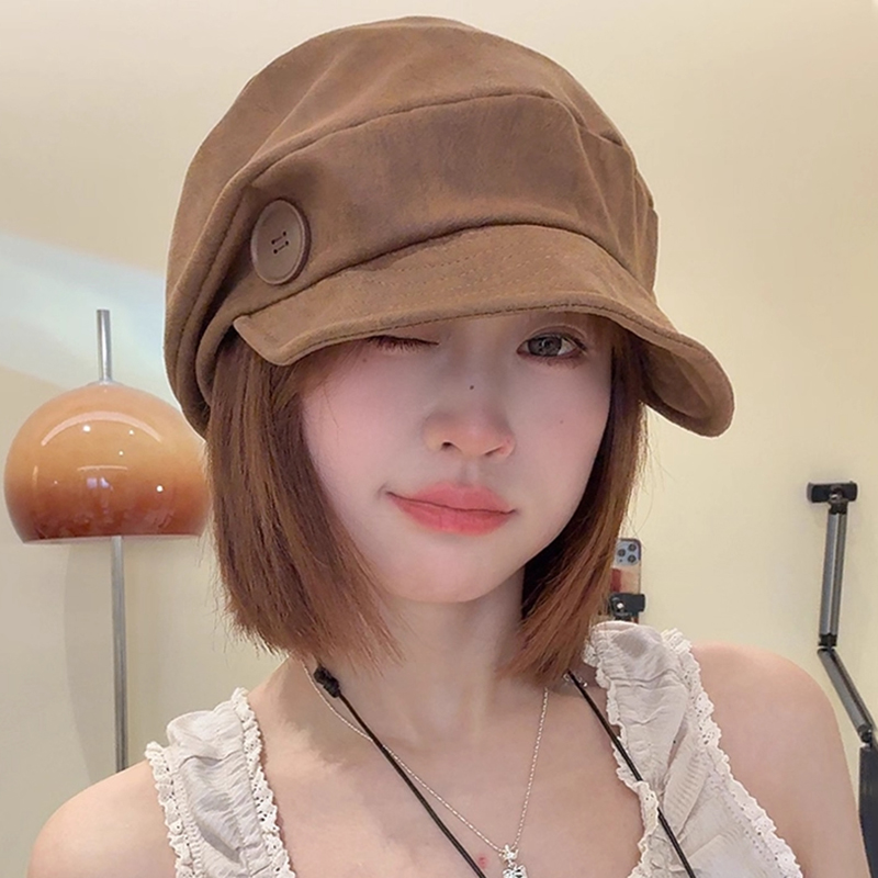 日系复古文艺风简约纽扣八角帽子女2025新款大头围显脸小报童帽潮 - 图1