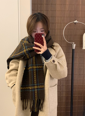 搭配大衣的韩系格纹冬天围巾柔软手感双面披肩长款流苏保暖围脖女