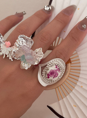 新中式复古水晶天然石串珠蝴蝶开口戒指金属锡纸风轻奢叠戴指环戒
