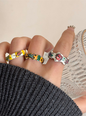 甜酷辣妹Y2K手工滴油珐琅彩色戒指 手绘动物开口金龟子时尚指环戒