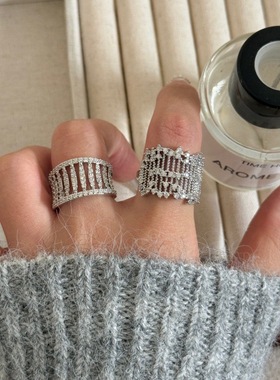 小众设计银色金属微镶锆石宽版开口叠戴戒指 高级感马蹄镶钻指环