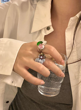 小香风手工天然石碧玺水石串珠戒指 ins高级感郁金香花朵叠戴指环