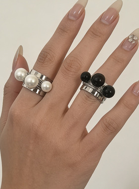 复古法式宽版开口大珍珠高级感戒指 ins百搭气质黑白珠子叠戴指环