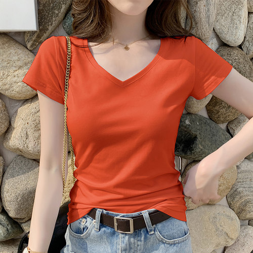 暗紫色棉质短袖t恤女v领黑色上衣2026夏季鸡心领设计感打底体恤潮 - 图2
