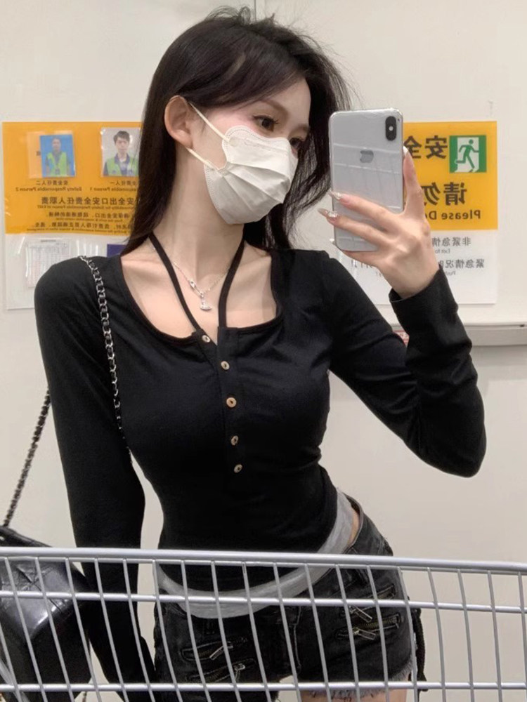 美式复古辣妹短款修身上衣打底衫女秋冬设计感假两件长袖T恤内搭,淘宝优惠券,粉丝福利购,淘宝优惠卷