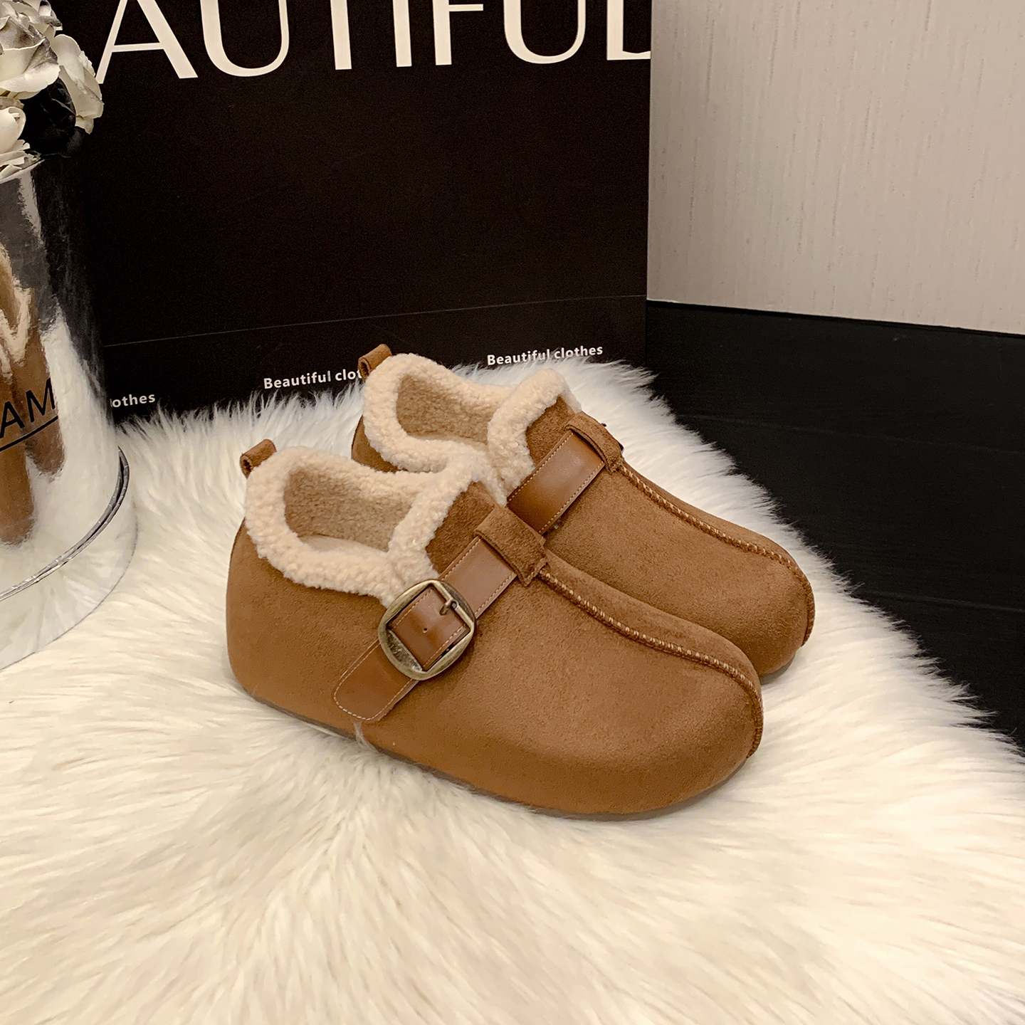 小码女鞋313233毛绒勃肯鞋女秋冬加绒保暖内增高一脚蹬休闲棉鞋34 - 图0