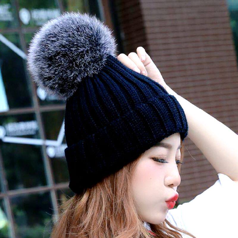 帽子女秋冬季狐狸毛球毛线帽加绒加厚保暖月子帽儿童亲子针织冷帽