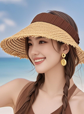 草编空顶帽女2025夏季防紫外线可折叠防晒帽子出游无顶大檐遮阳帽