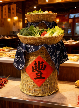 竹编蔬菜摆放箩筐餐饮点菜区展示篓土特产干货食材收纳簸箕高竹筐