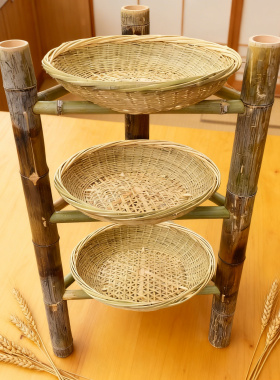 竹编蔬菜摆放箩筐餐饮点菜区展示篓土特产干货食材收纳簸箕高竹筐