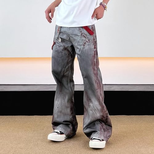 SWAG血色脏染水洗做旧擦色脏染结构牛仔裤cleanfit小众微喇裤男女 - 图1