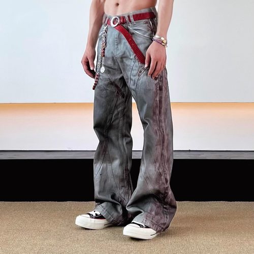 SWAG血色脏染水洗做旧擦色脏染结构牛仔裤cleanfit小众微喇裤男女 - 图0