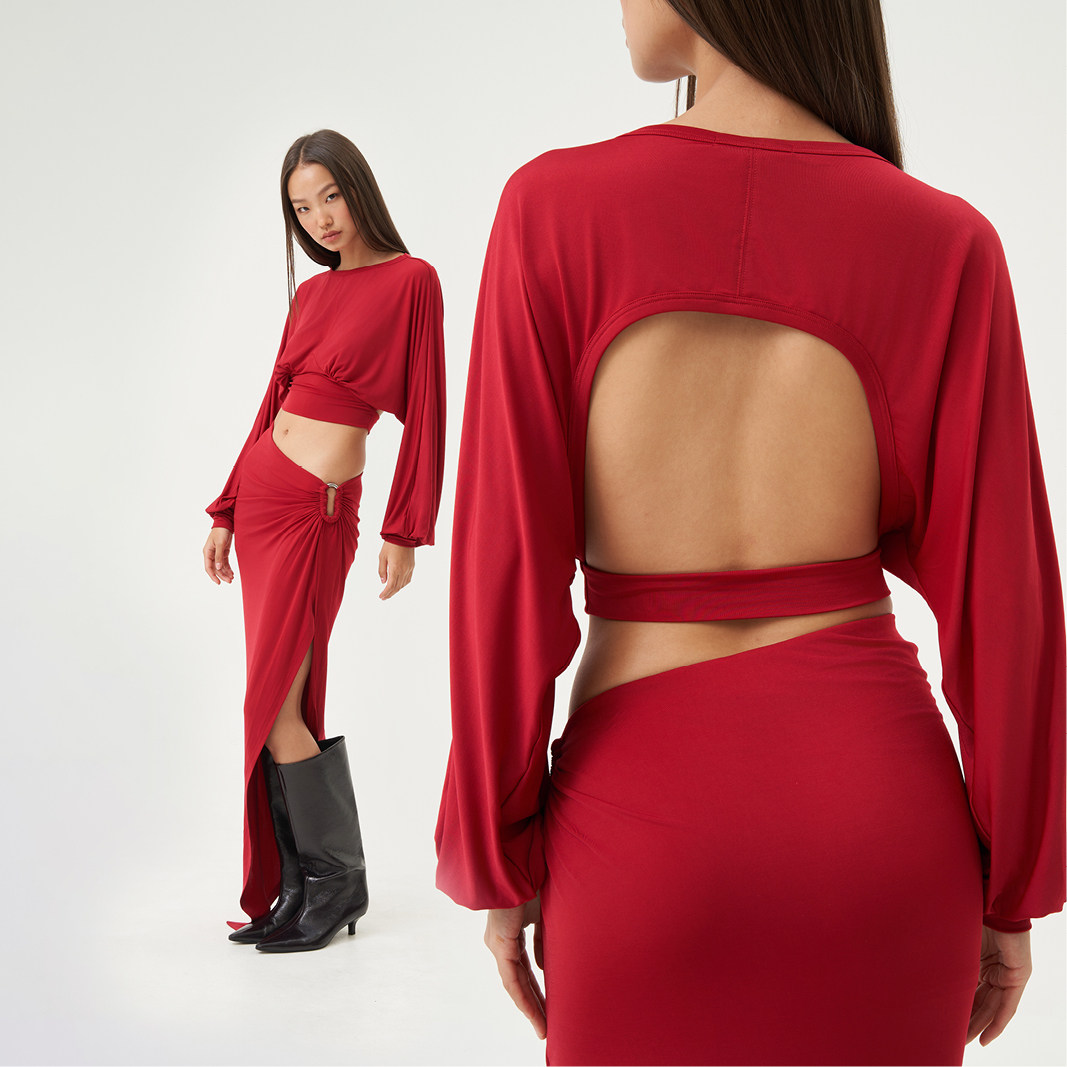 OTHERSTORE 荒野玫瑰 红色一字领喇叭袖上衣女收腰设计感长袖T恤,淘宝优惠券,粉丝福利购,淘宝优惠卷