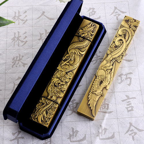 黄铜镇纸特色龙凤呈祥浮雕书法镇尺书画专用复古压纸高档文房四宝 - 图1