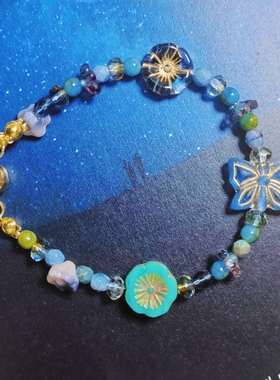 Yoyoan原创设计手作【蓝樱】复古琉璃捷克珠古董珠手链森系手串