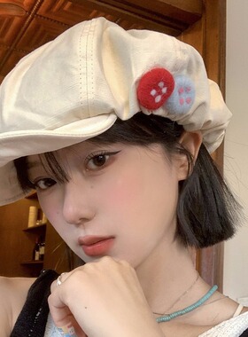 复古日系棉麻八角帽彩色毛毡纽扣画家帽不对称设计女帽贝雷帽子潮