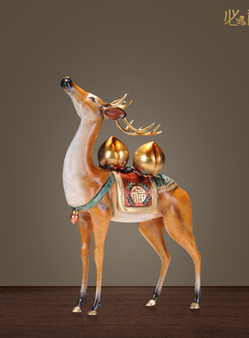 双全招财纯铜客厅玄关祝寿鹿摆件