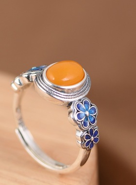 景泰蓝蜜蜡银戒指时尚女款