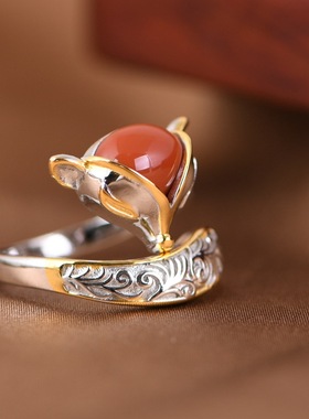 狐狸戒指金鹿王925纯银轻奢女戒