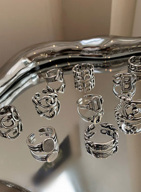 韩版S925镀银字母B戒指女复古时尚个性几何开口指环GO嘻哈食指戒