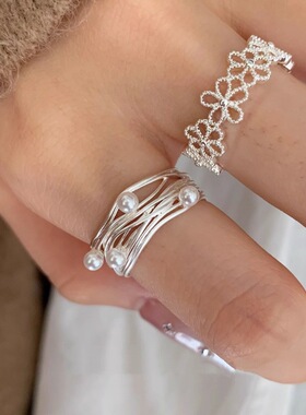 甜美镂空花朵戒指女温柔气质珍珠优雅S925镀银开口指环时尚食指戒