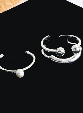 极简微笑珍珠戒指女叠戴甜酷时尚个性百搭S925银开口指环食指戒潮