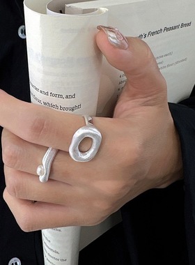 拉丝磨砂圆环戒指女小众设计感百搭时尚S925镀银开口指环食指戒潮