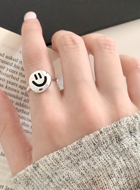 韩版简约百搭镀银笑脸戒指女