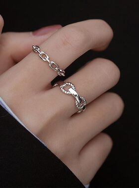 欧美网红个性链条戒指女复古s925镀银开口指环简约冷淡风食指戒潮