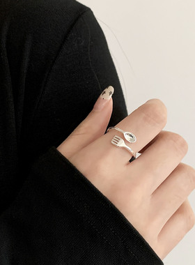 少女心小花球吊坠戒指女创意趣味迷你刀叉开口指环百搭个性食指戒