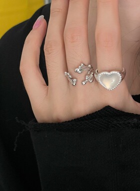 甜美爱心月光石戒指女叠戴个性环抱芭蕉叶设计S925镀银开口食指环