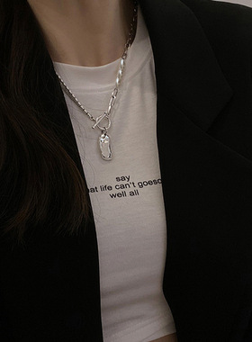 韩版S925镀银仿珍珠项链女复古OT扣不对称多层锁骨链气质创意毛衣