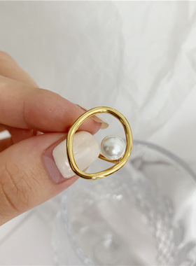 韩版复古几何椭圆镂空戒指女珍珠指环欧美简约s925镀银开口食指戒