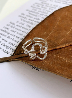 极简冷淡风镂空花朵戒指女几何线条环绕不规则开口指环个性食指戒