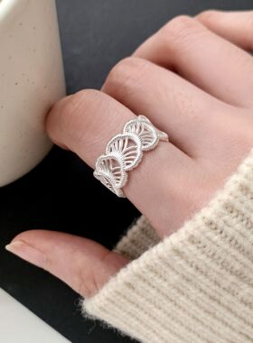 精致镂空花瓣戒指女几何扇形个性百搭叠戴开口指环双层ins食指戒