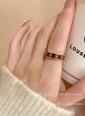 复古红色滴釉四叶花瓣戒指女轻奢高级感ins小众食指戒开口指环潮