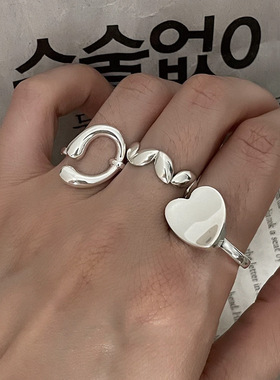 韩版S925镀银不规则树叶戒指女复古时尚简约翘边爱心几何开口指环