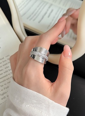 精致小蛮腰闪亮气质戒指女几何宽边条纹时尚开口指环小众食指戒潮