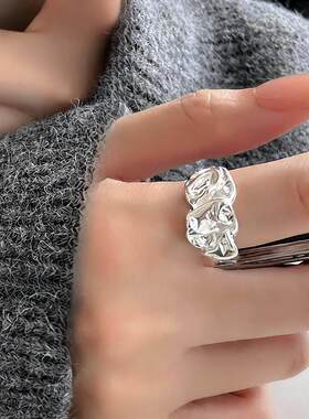 韩版S925镀银个性熔岩戒指女复古时尚凹凸不规则开口指环嘻哈食指