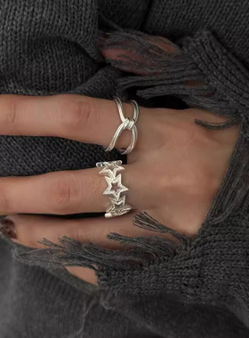 简约线条交叉戒指女镂空甜美星星S925镀银开口指环ins风食指戒潮