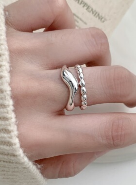 甜酷褶皱镀银开口食指戒指女