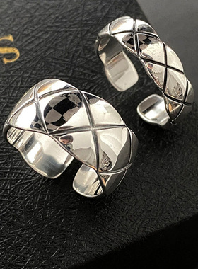 韩版几何网格戒指女复古时尚个性百搭简约菱格开口指环嘻哈食指戒