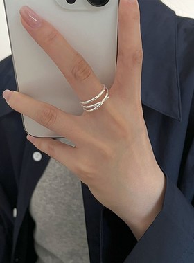 简约线条交叉戒指女冷淡风百搭个性创意S925银开口指环嘻哈食指戒