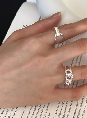 几何简约冷淡风线条交叉戒指女时尚个性百搭S925镀银开口食指环潮