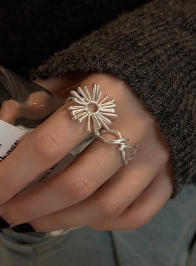 甜酷烟花戒指女几何线条镂空S925镀银开口指环叠戴百搭个性食指戒